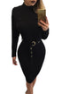 Sexy Black High Neck Rib Knitted Midi Dress with Belt